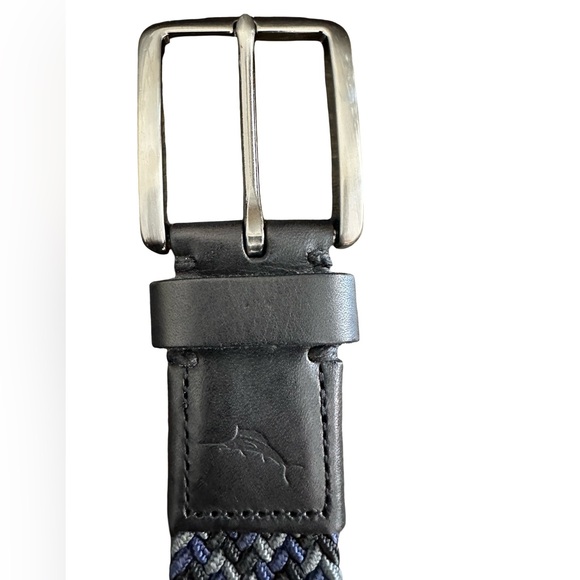 Greg Norman Collection Braided Stretch Belt Leather Trim Navy Gray Black - Picture 3 of 5